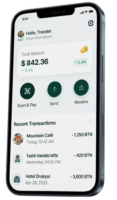 NomiPay app screen showing balance, quick actions and recent transactions
