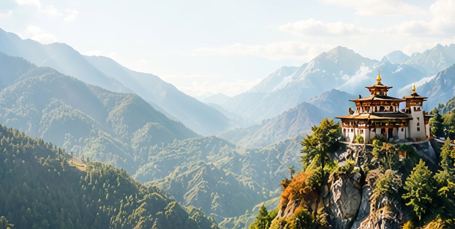 Tiger's Nest monastery on a cliff above the Bhutan mountains